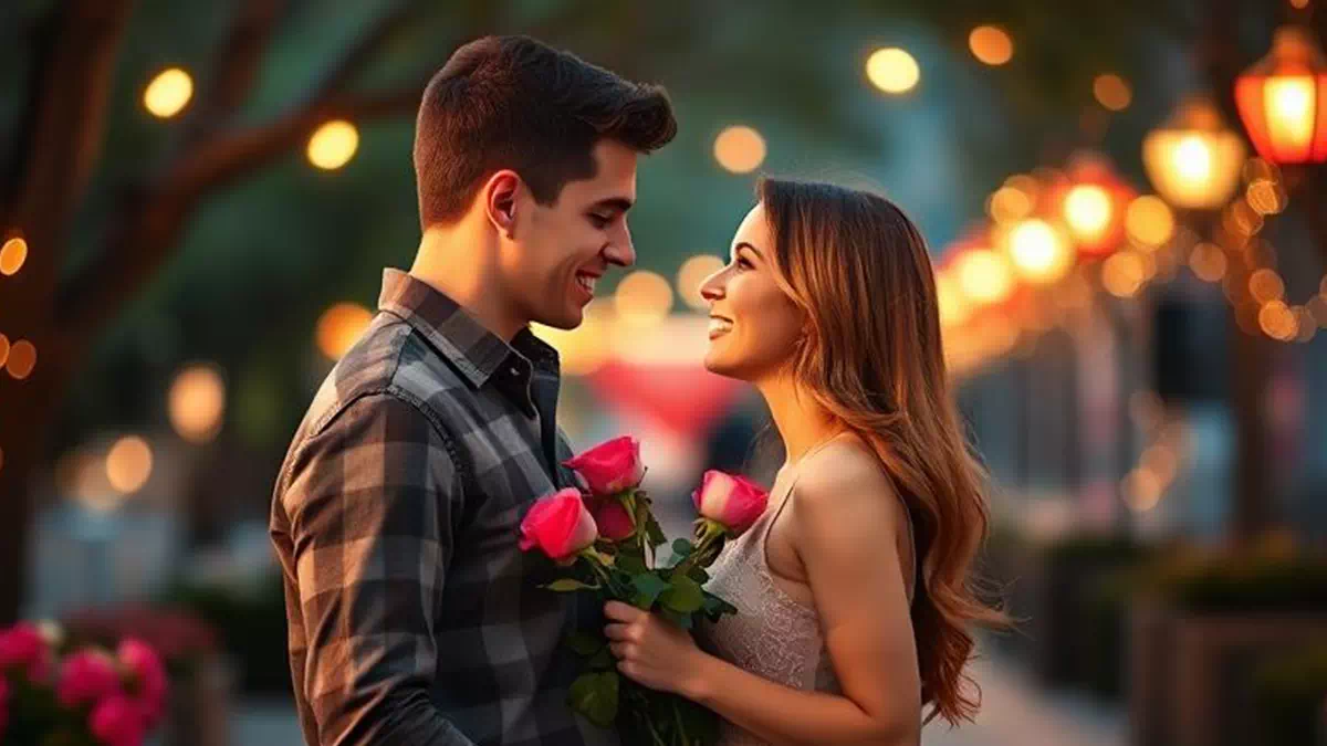 Romantic Evening Man Gifts Roses to Woman