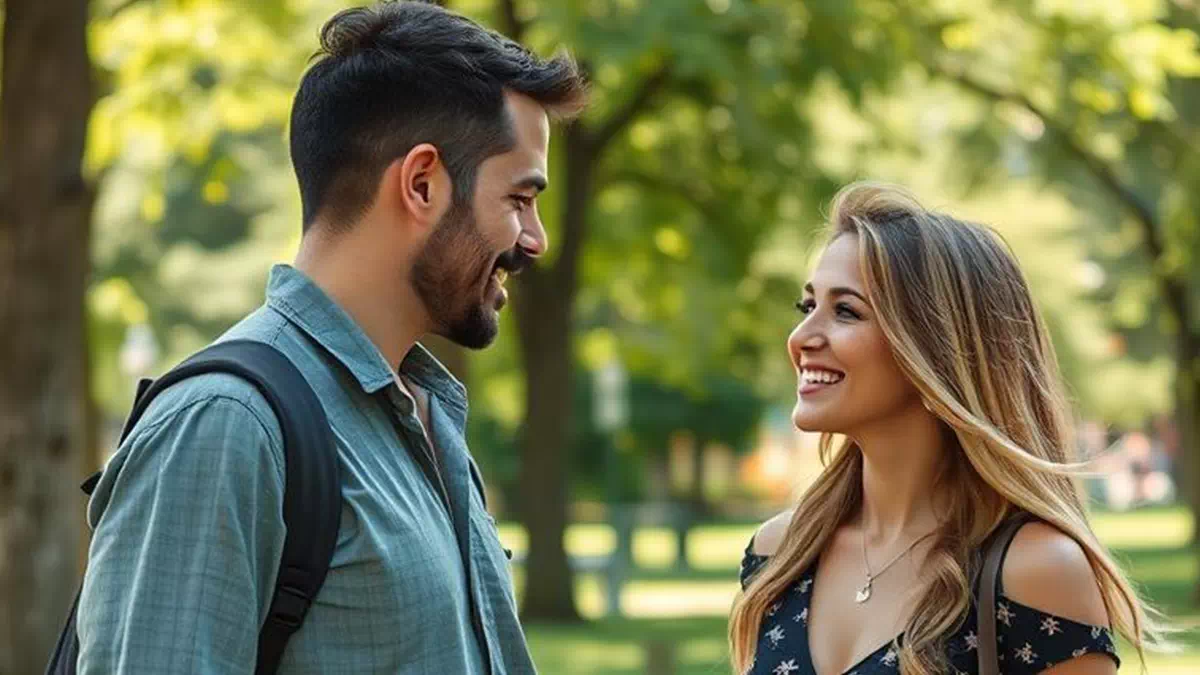 How to Talk to Women Man talking with Woman at the Park both are Smiling