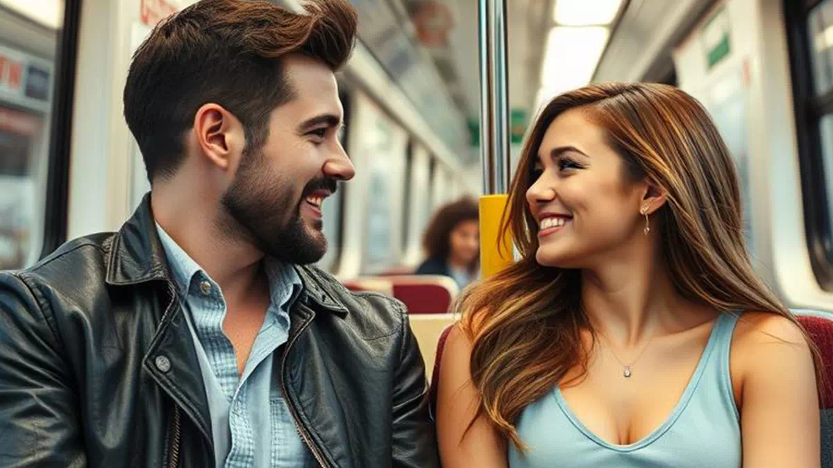 Man and Woman Smiling at each other in a Train