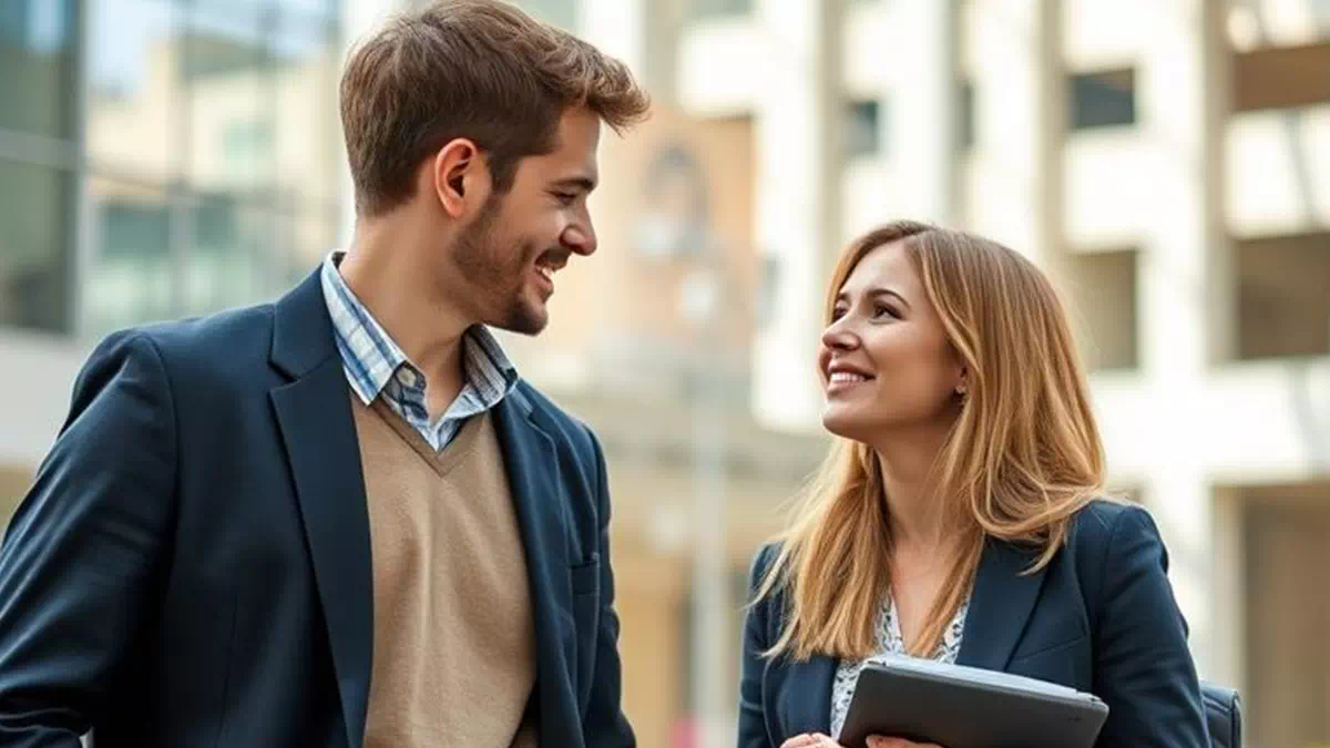 Two Attractive People in Business Suits Talking