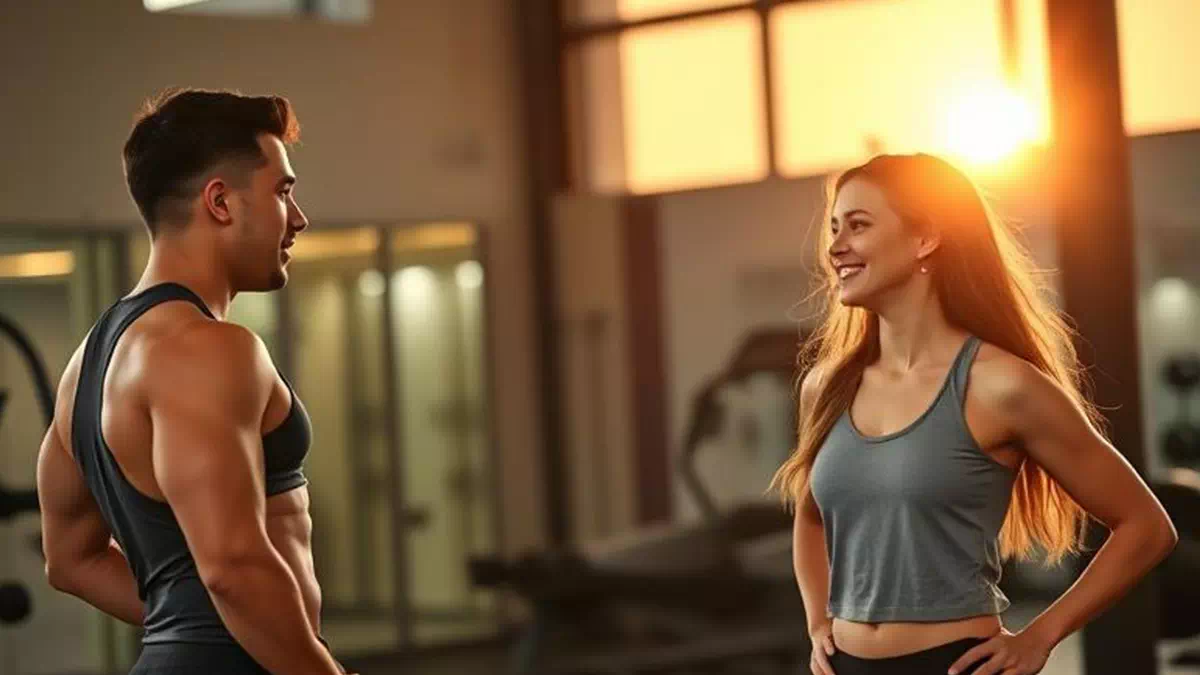 Guy showing off his Muscles and Pretty Woman smiling at Him