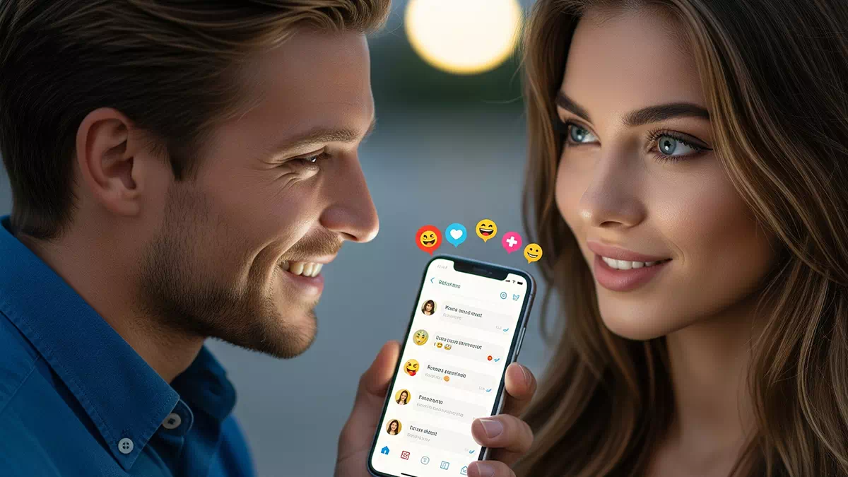 Handsome Man Flirting with Beautiful Woman on a Dating App
