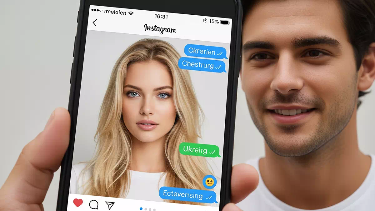 Man showing off His Smart Phone with Instagram Chat with Beautiful Girl 