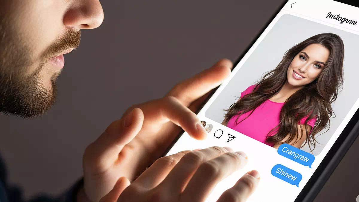 Guy Writing an Instagram Message to an Attractive Brown-Haired Women