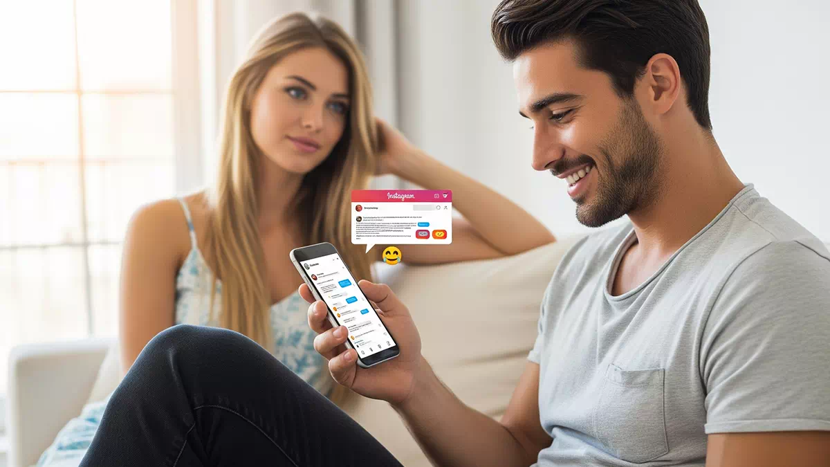 Man Chatting on Instagram with Beautiful Woman in the Background