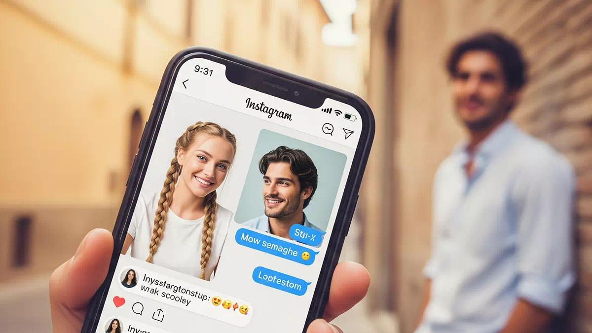 Instagram Chat between tow Attractive People with Handsome Guy in the Background