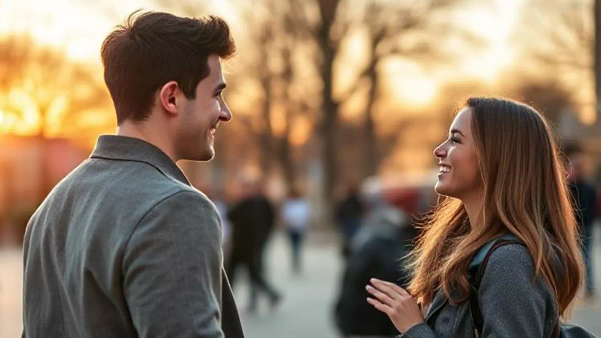 People Chatting in the Streets at Sunset Woman is Laughing