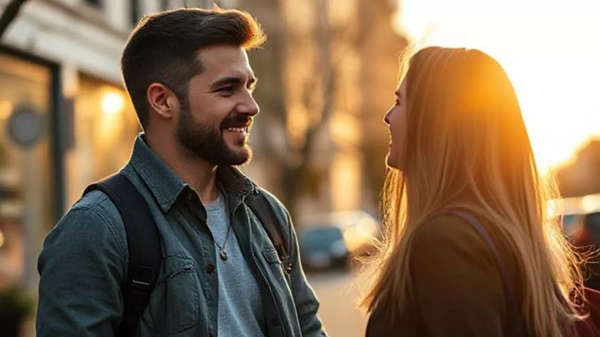 Two People Conversing in Old Town