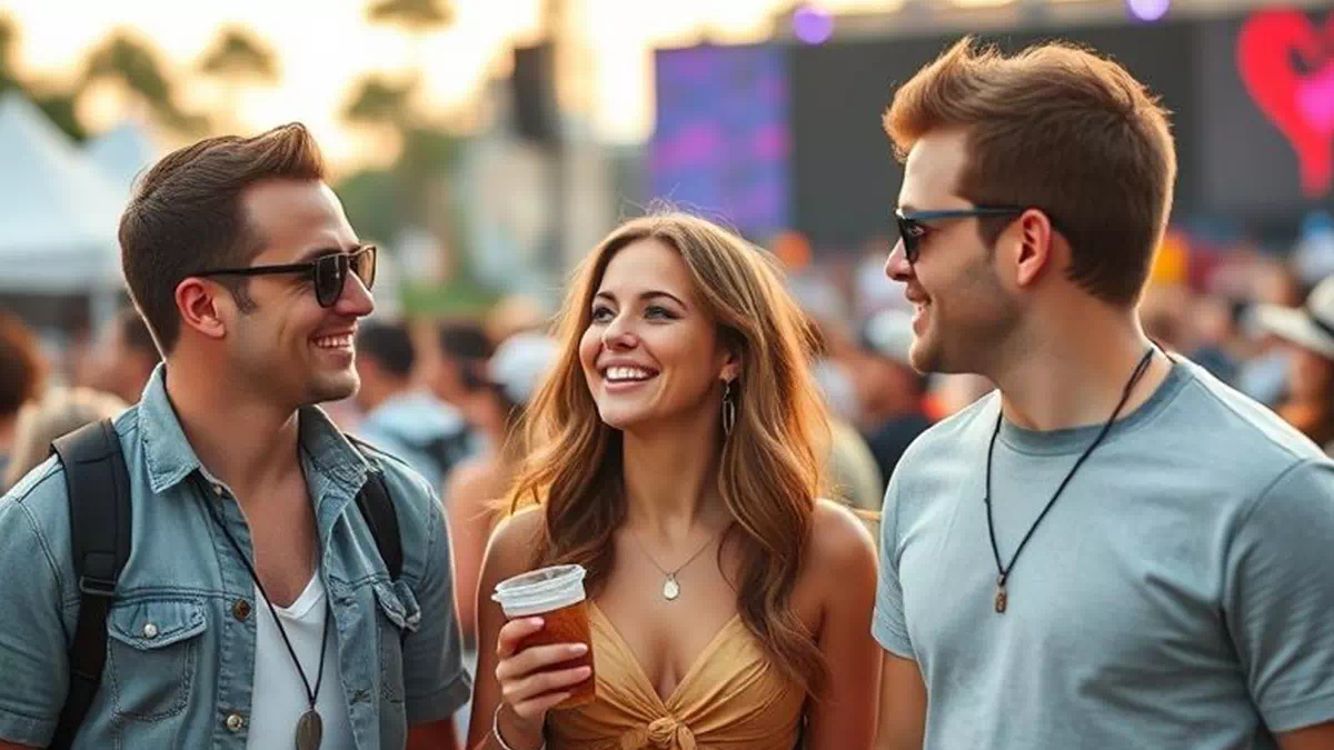 2 guys and 1 girl talking at concert