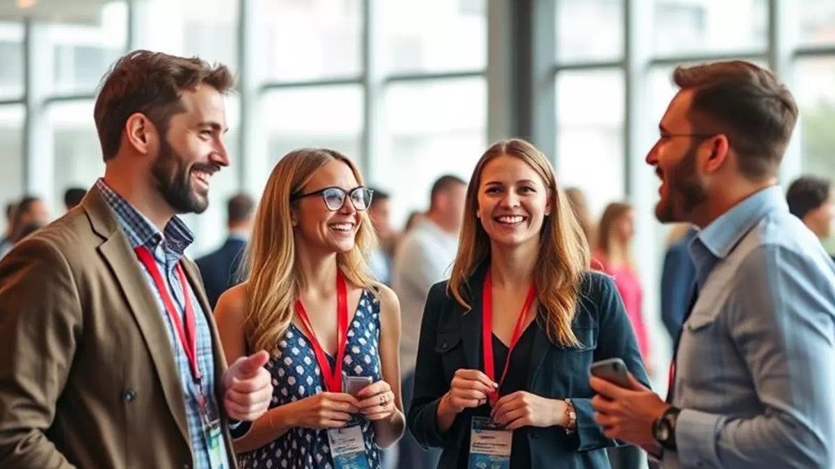 People with Tags Talking at Networking Event