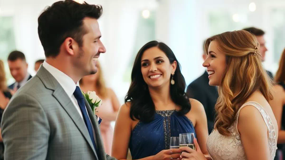 Man talking to two girls at wedding