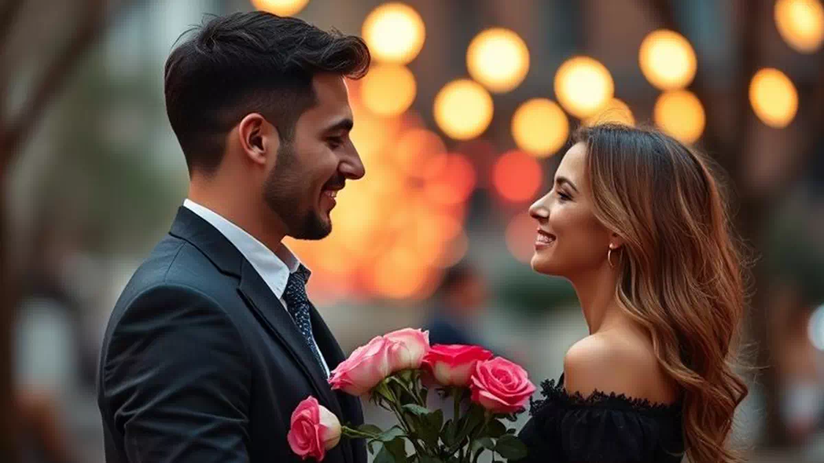 Man Gifting Roses to Woman on their First Date
