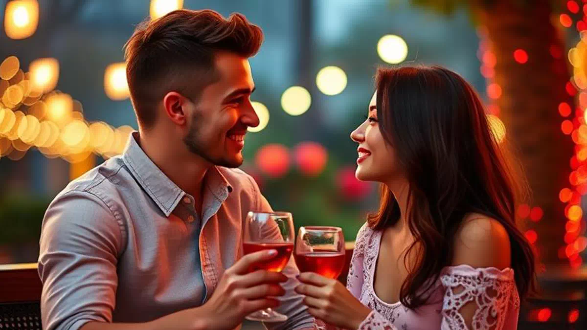 Man and Woman enjoying Drinks on a Date on a Romantic Evening
