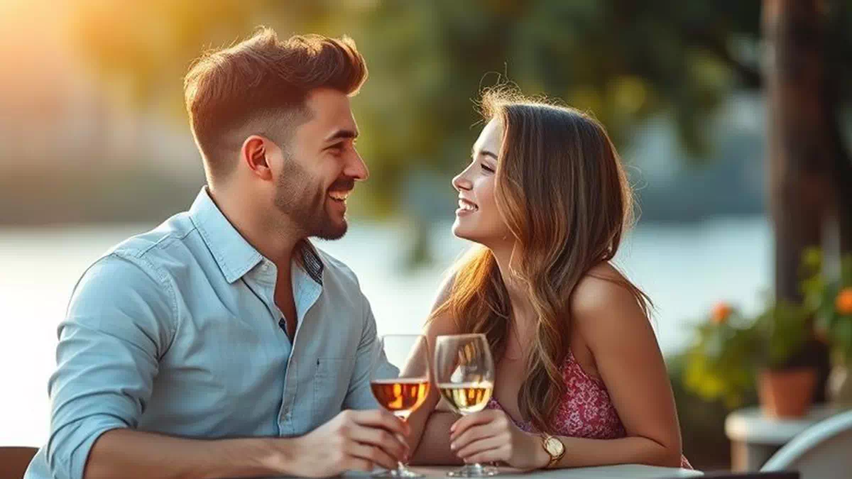 Couple Flirting on a Date Sitting on a Table and Having Some Wine during the Day