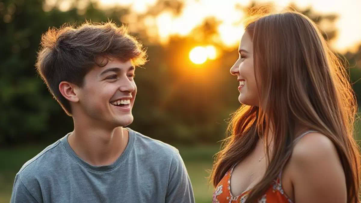 boy and girl talking at sunset