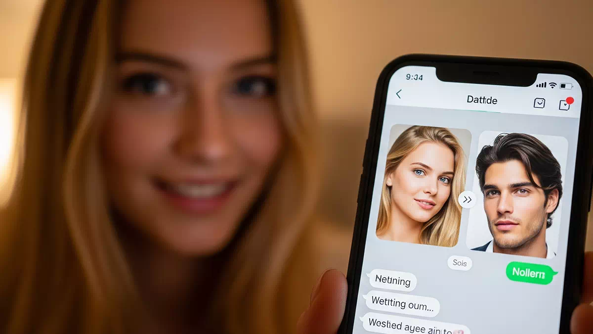 Woman showing of Her Smartphone Showing a Dating App Chat with a Handsome Guy