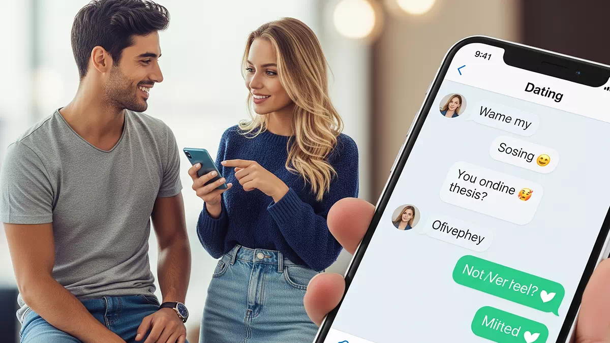 Phone Displaying Dating App Chat besides a Happy Couple