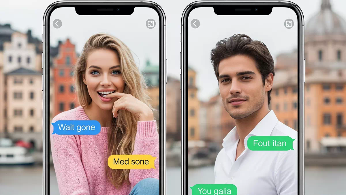 Two Phones Side by Side Showing a Handsome Man and Pretty Woman they are Flirting with each other