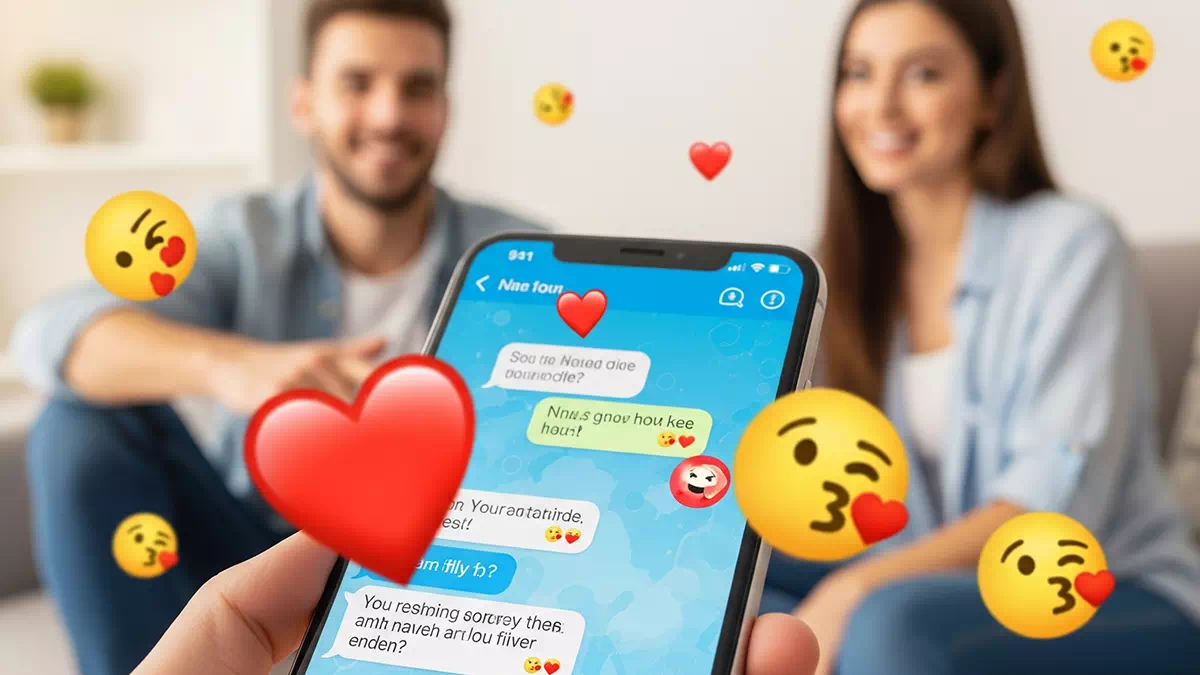 Phone with Flirting Messages and Couple in the Background