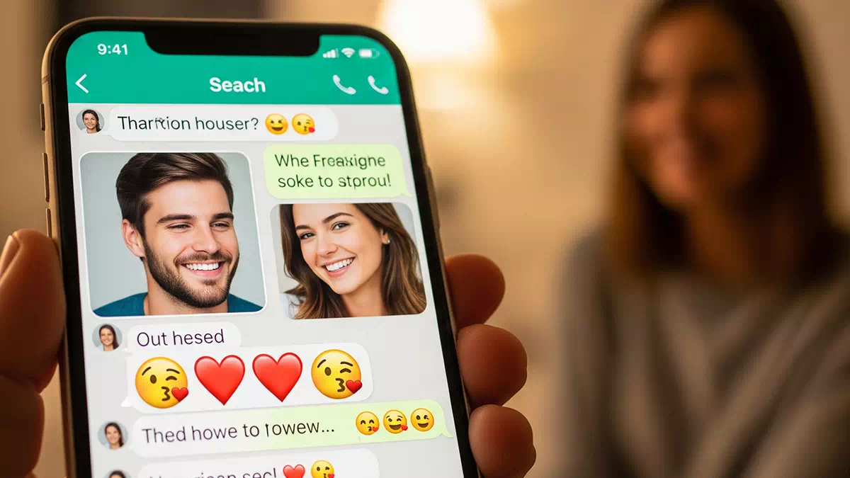 Smartphone with Flirt Messages and Happy Woman in the Background