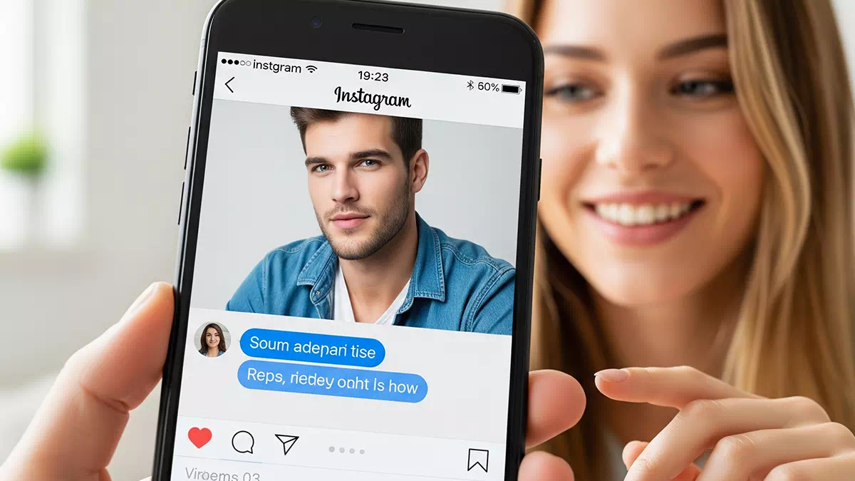 Woman showing off Her Instagram Chat with Handsome Guy