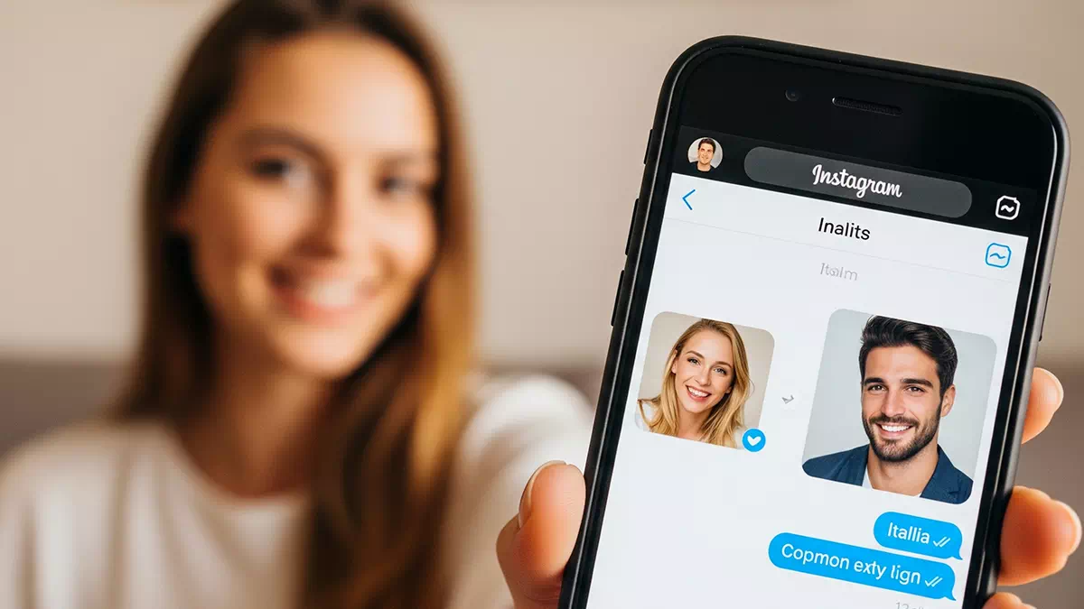 Girl Holding Her Phone showing an Instagram Chat with a Man up to the Camera