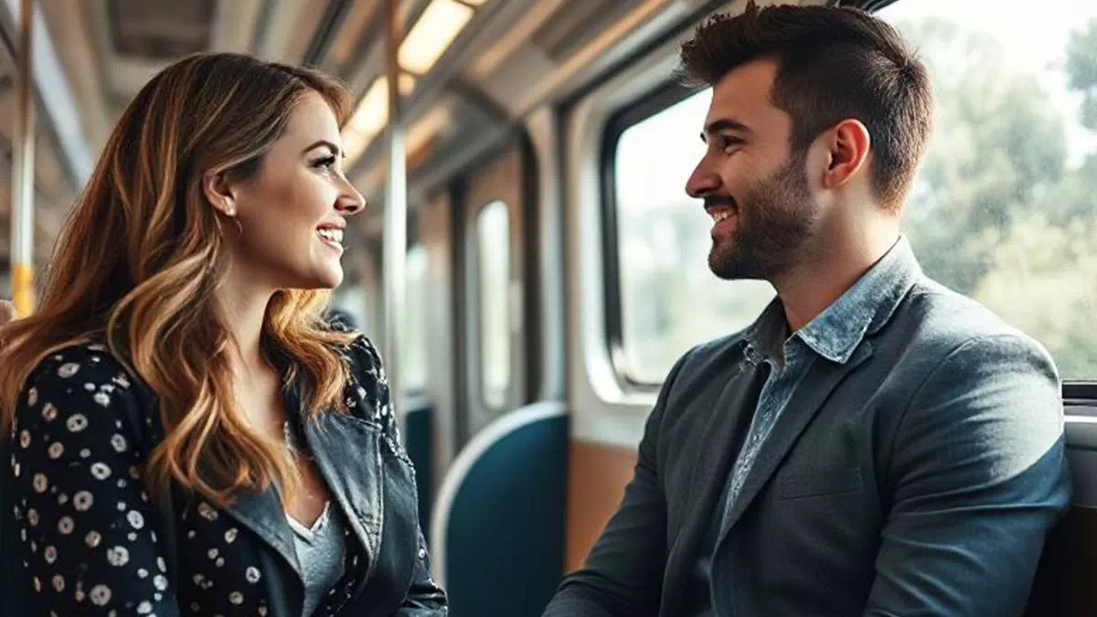 Girl and Guy Chatting on Train