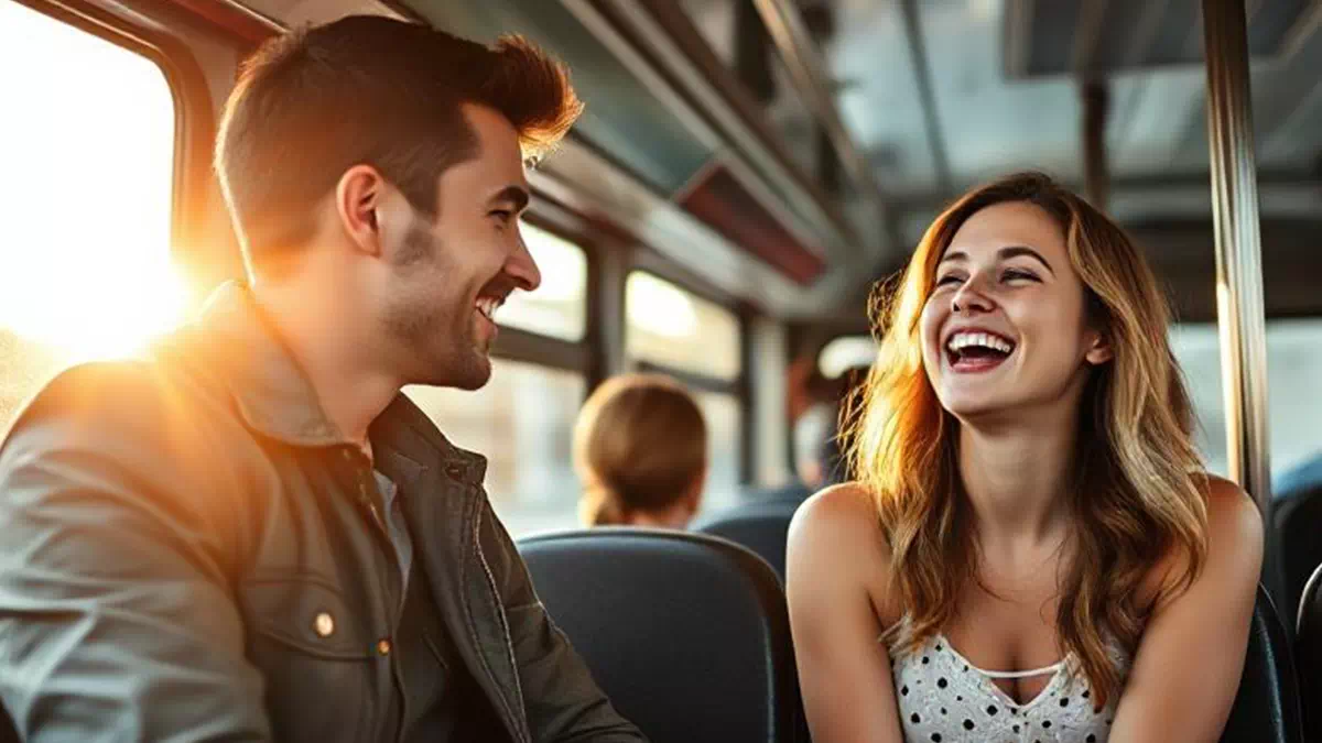 Man talking to Woman on the Bus