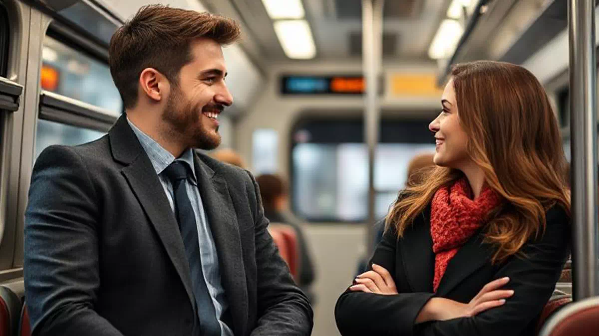 Man talking to Woman on the Bus