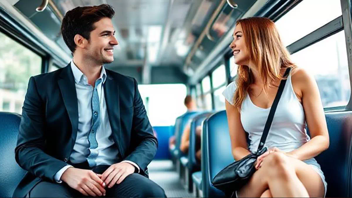 Man talking to Woman on the Bus