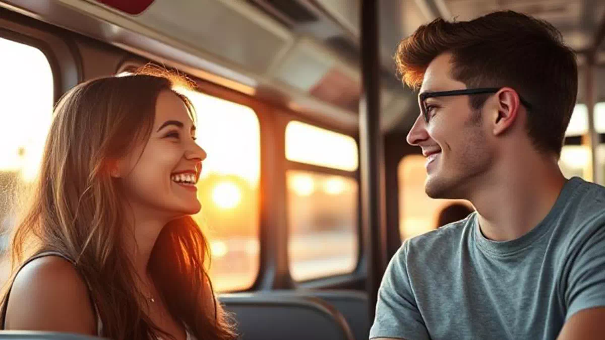 Man talking to Woman on the Bus