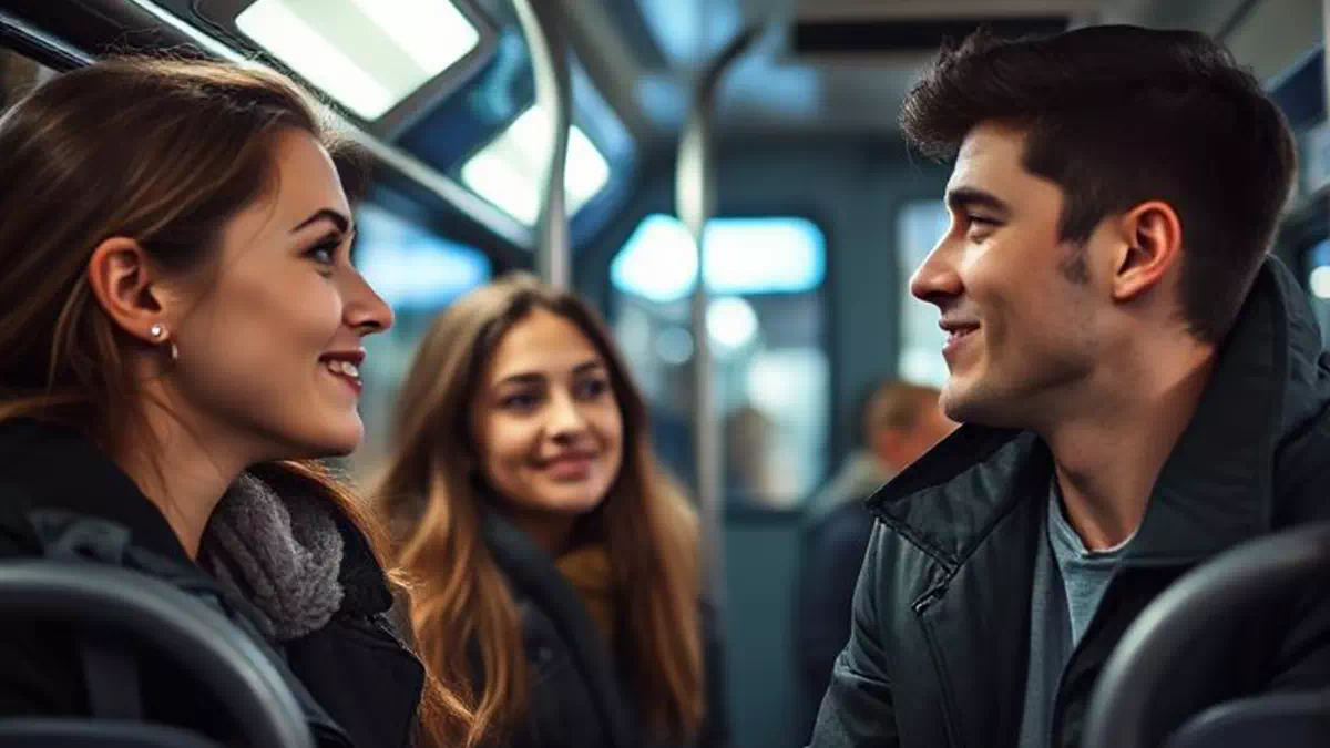 Man talking to Woman on the Bus
