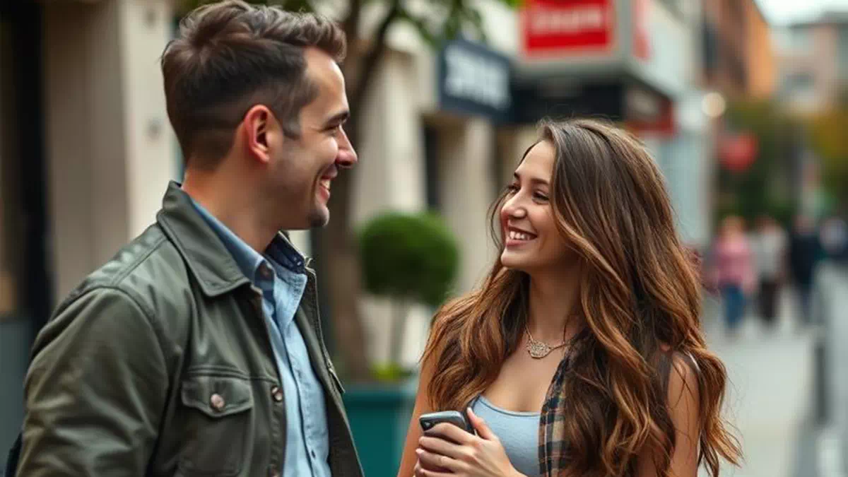 Man asking a Woman for her Number on the Street Both Smiling