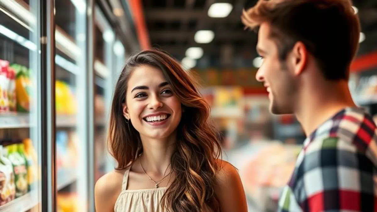 Man talking to Woman at the Grocery Store