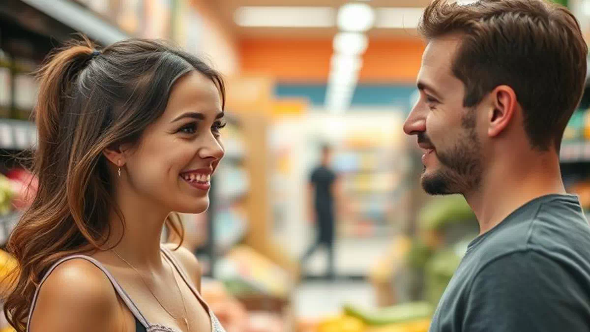 Man talking to Woman at the Grocery Store