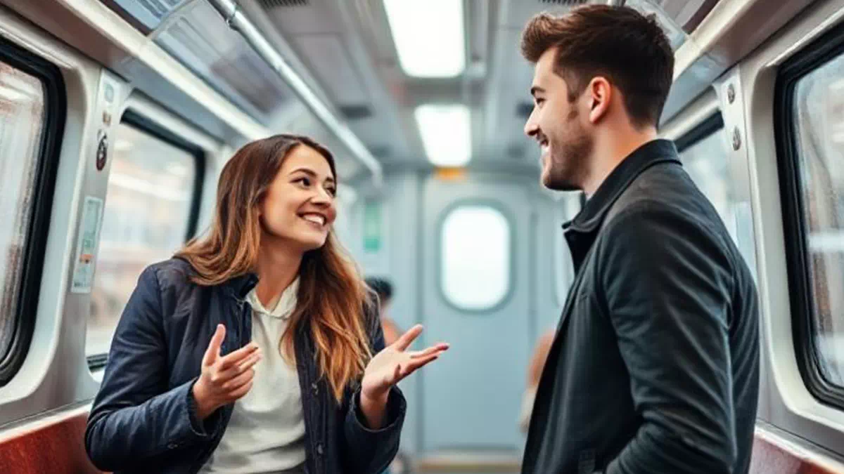 Man talking to Woman on the Train