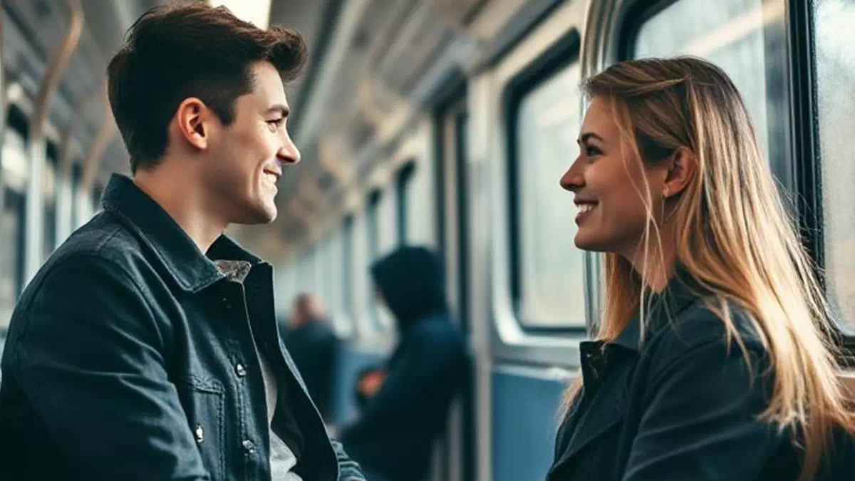 Man talking to Woman on the Train