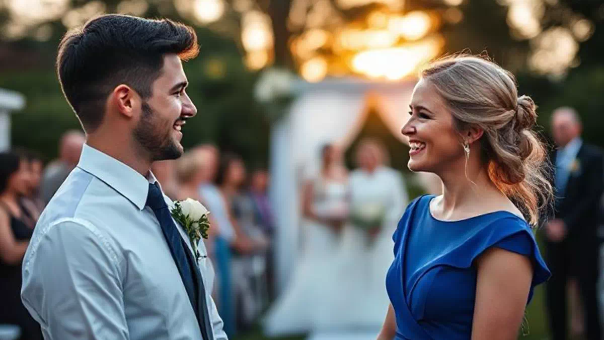 Man talking to Woman at Wedding