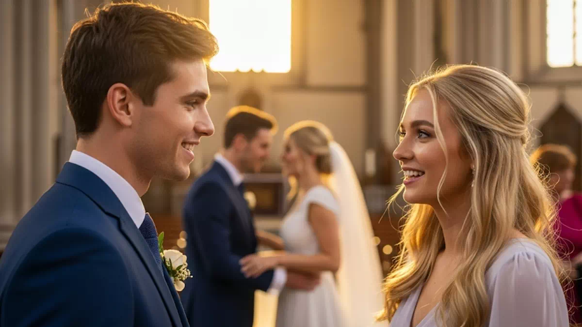 Man talking to Woman at Wedding
