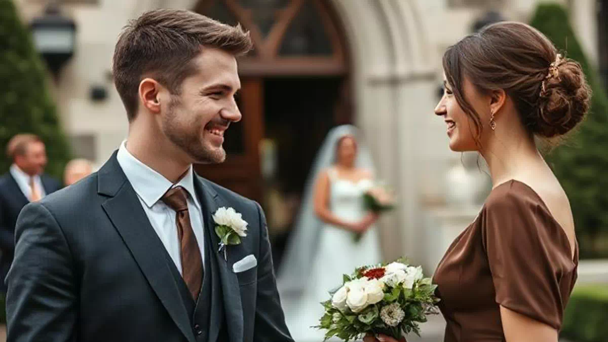 Man talking to Woman at Wedding