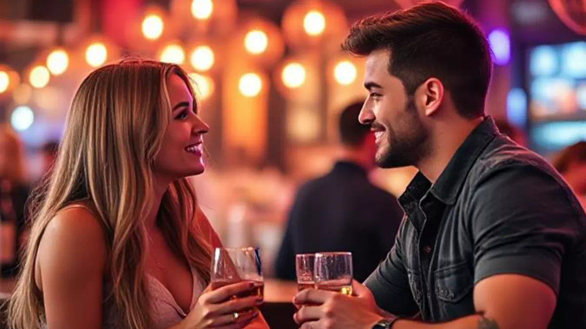Woman talking to Man at a Bar