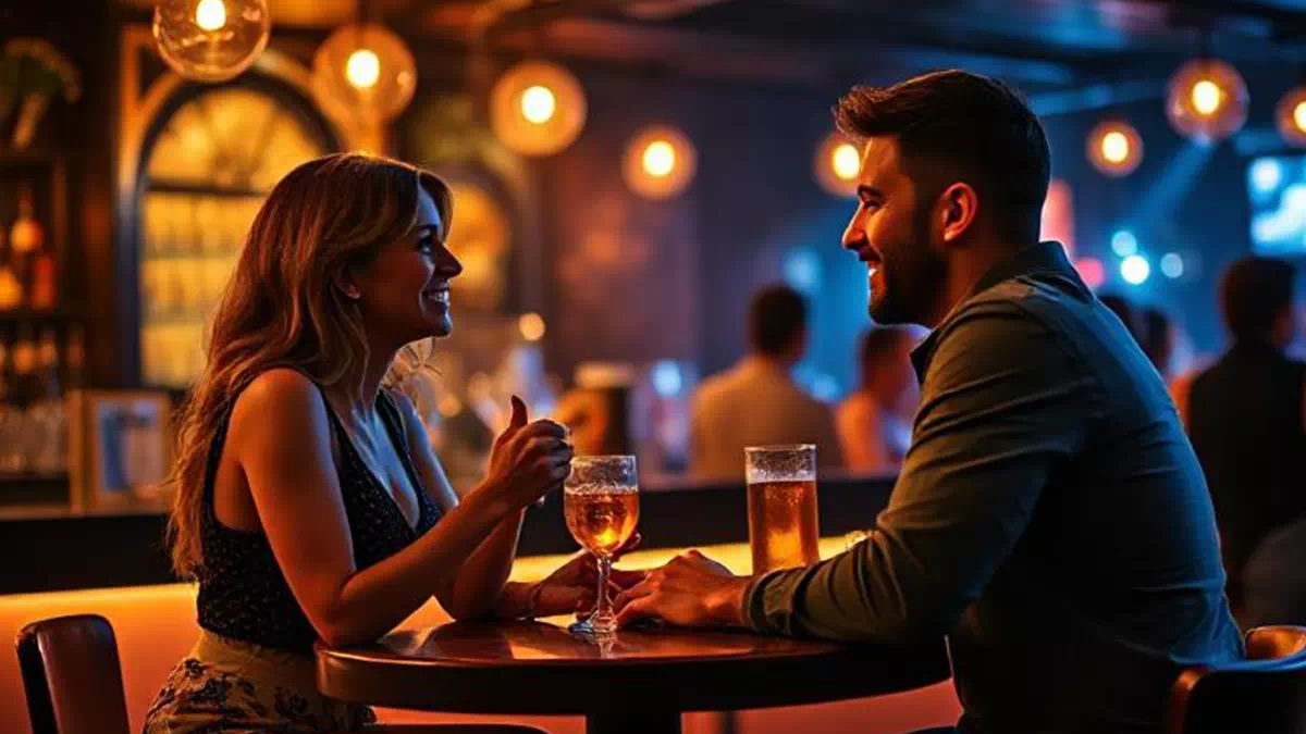 Woman talking to Man at a Bar