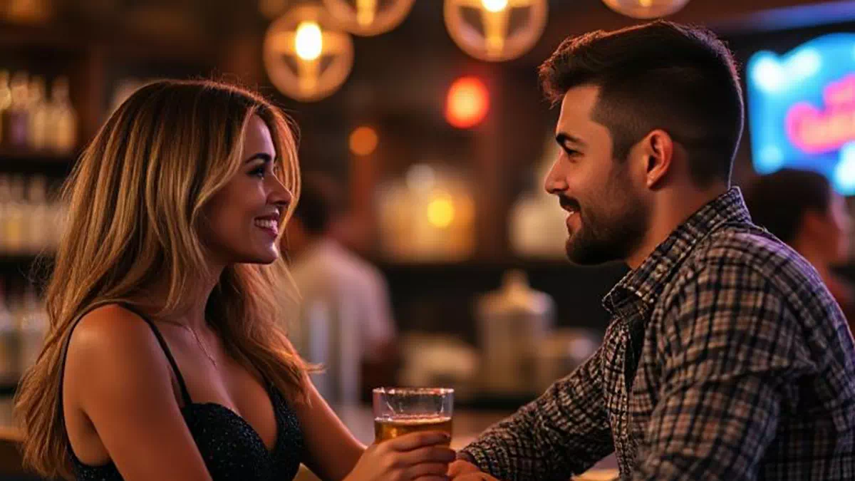 Woman talking to Man at a Bar