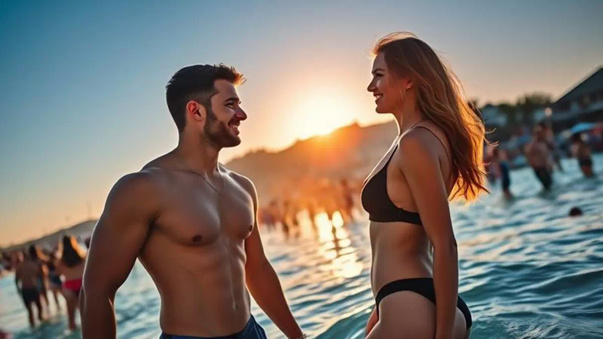 Woman talking to Man at the Beach