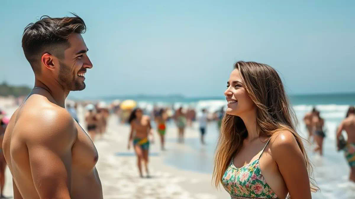 Woman talking to Man at the Beach