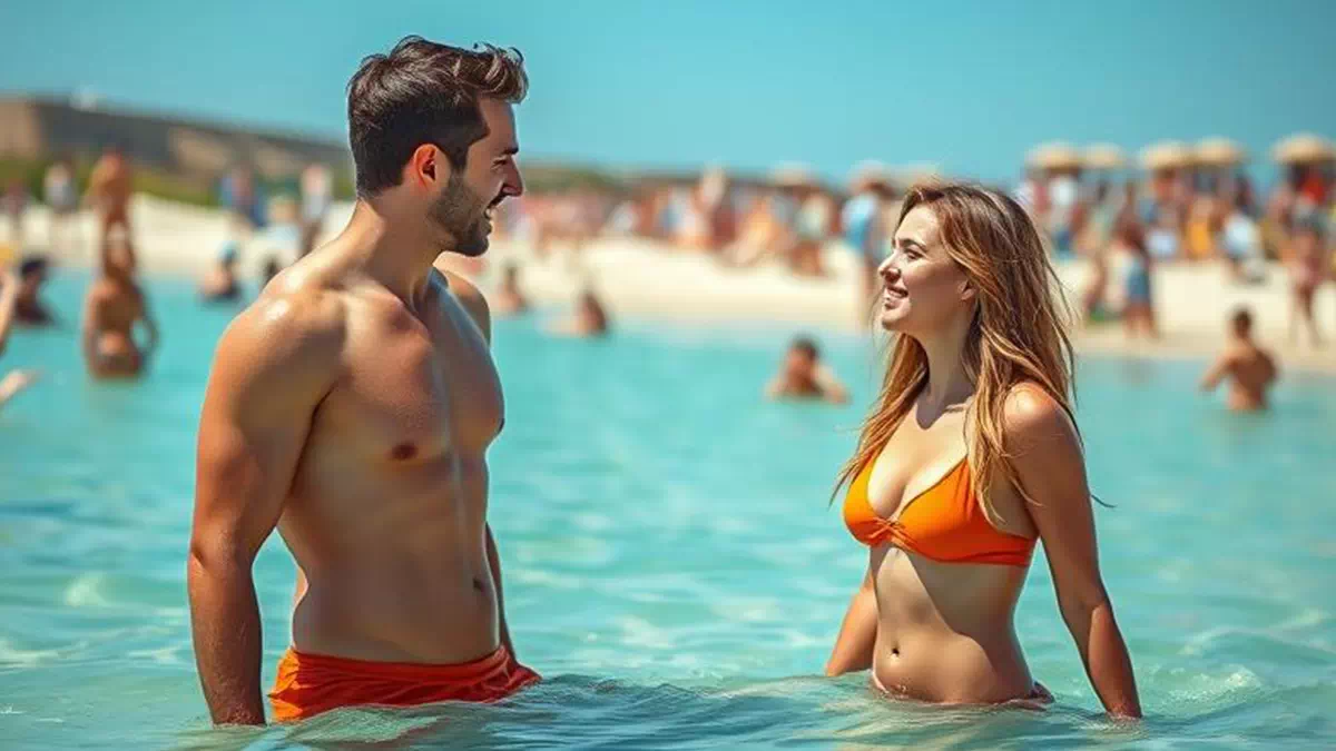 Woman talking to Man at the Beach
