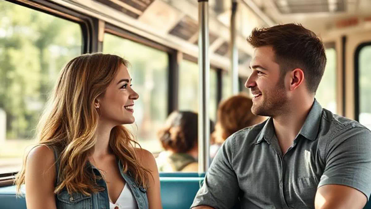 Woman talking to Man on the Bus