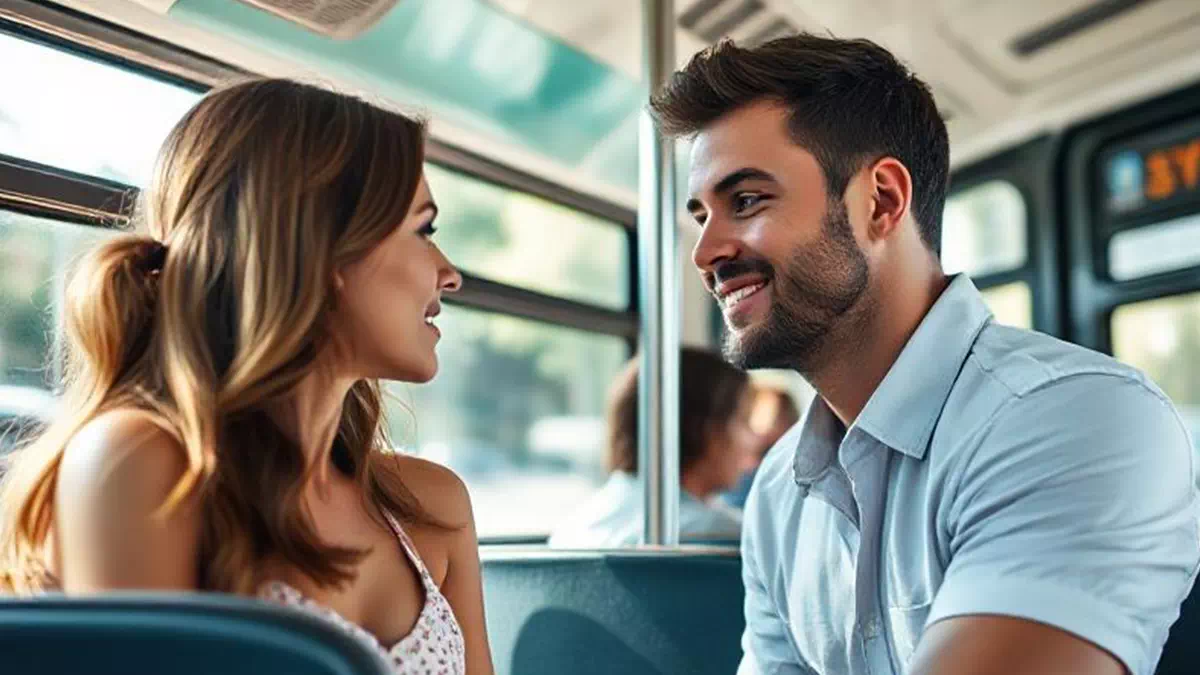 Woman talking to Man on the Bus