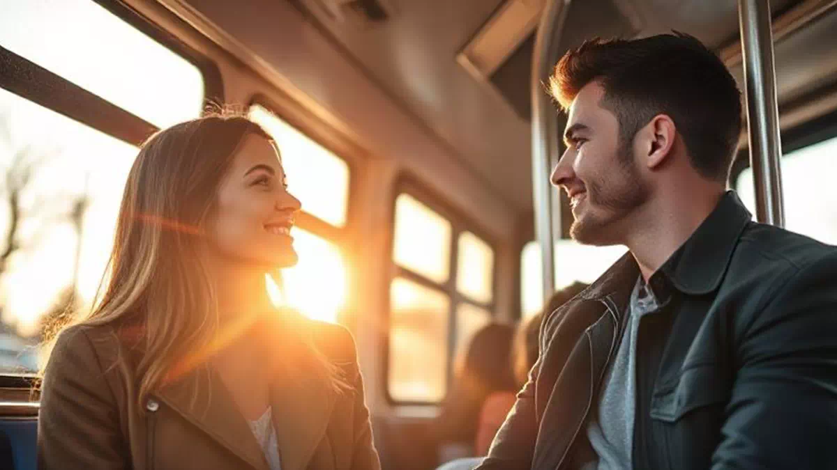 Woman talking to Man on the Bus