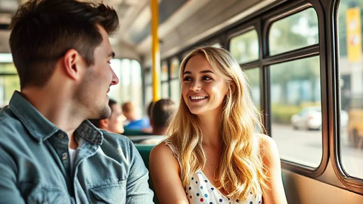 Woman talking to Man on the Bus